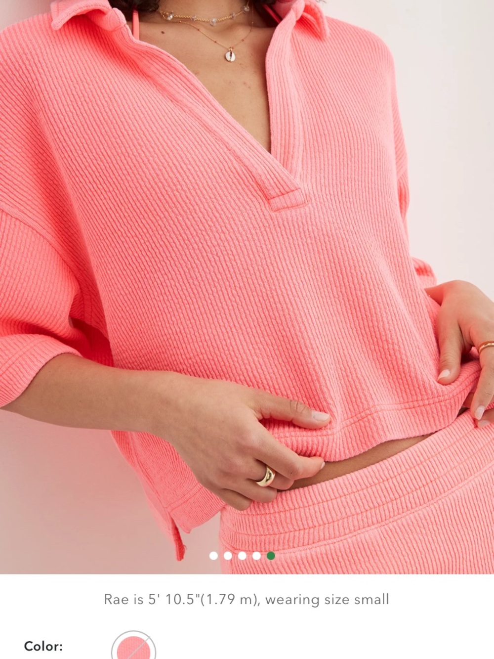 Aerie Wonder Short Sleeve Ribbed Polo Sweatshirt  - Pink